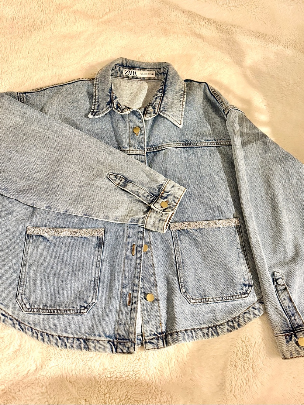 Zara Light Wash Denim Shirt Jacket in Pale Blue